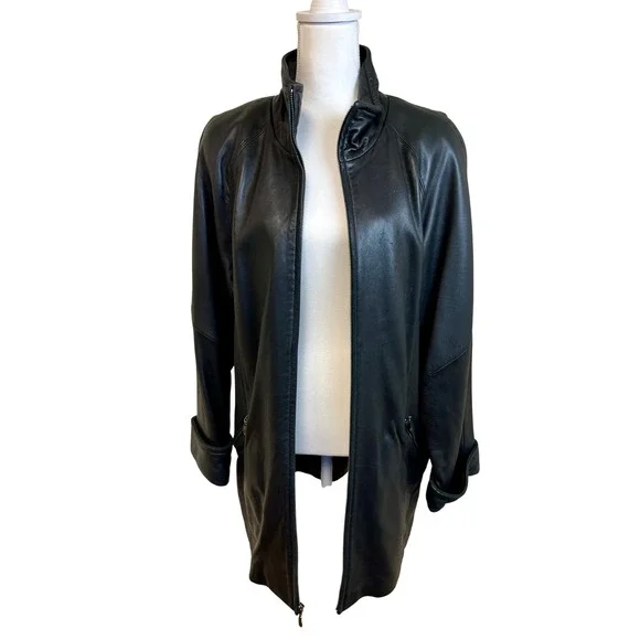 Vintage Y2K LIZ CLAIBORNE Black Leather Car Coat Jacket Zip Sz M Minimalist Goth - Picture 2 of 16